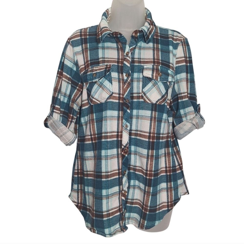 Eden & Olivia Plaid Button Up Shirt 3/4 Roll Up Medium Womens